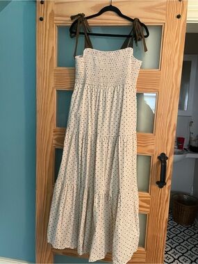 Wishlist Cream Maxi Dress with Black Polka Dots and Brown Tie Straps